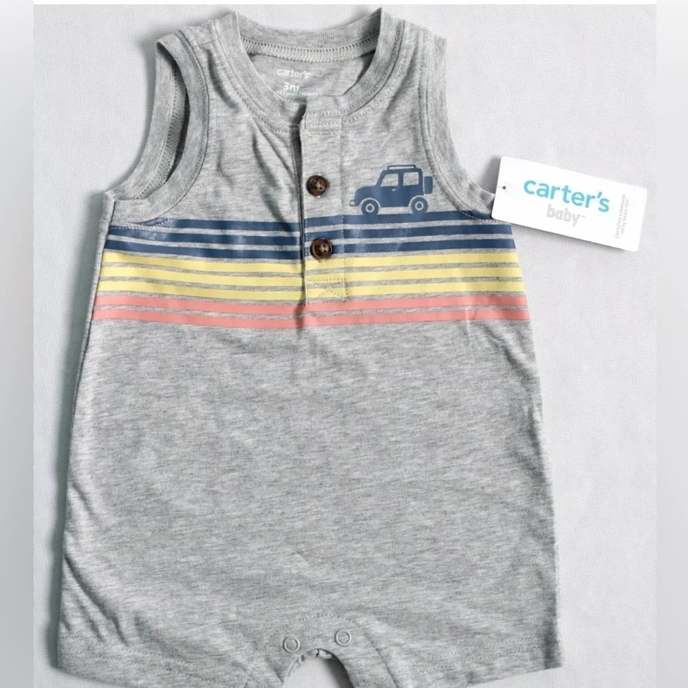 2 Carter's Baby Boys Size 3M Sleeveless Gray Jeep and Stripe Summer Romper